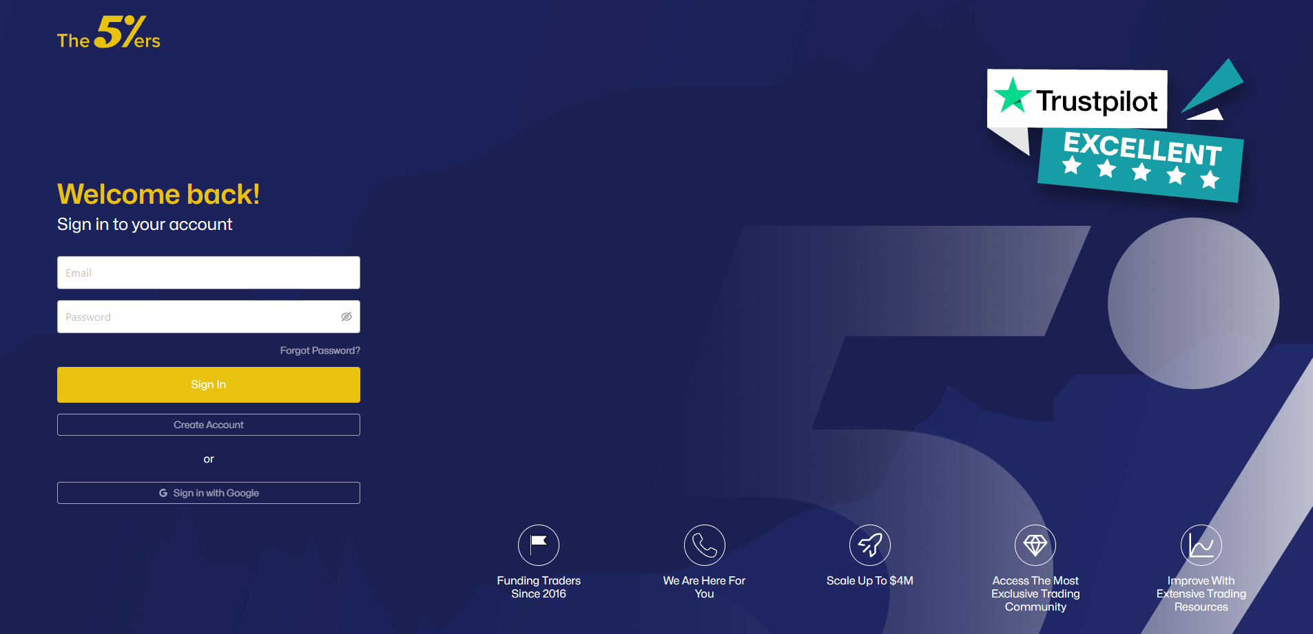 The official The5ers login page showing fields for email and password.