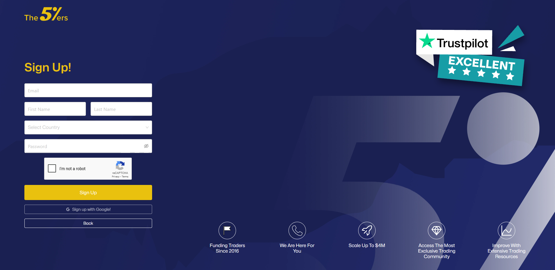 The5ers signup page showing the registration form for new traders.